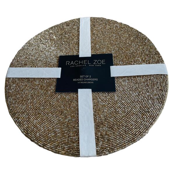 RACHEL ZOE Metallic GOLD Glass Beaded Charger Placemats 14" Round Set of 2 NEW - Picture 4 of 10